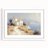 Framed landscape artwork showcasing a serene countryside scene, featuring vibrant greens and soft skies, with a white mat and sleek frame enhancing its elegance.