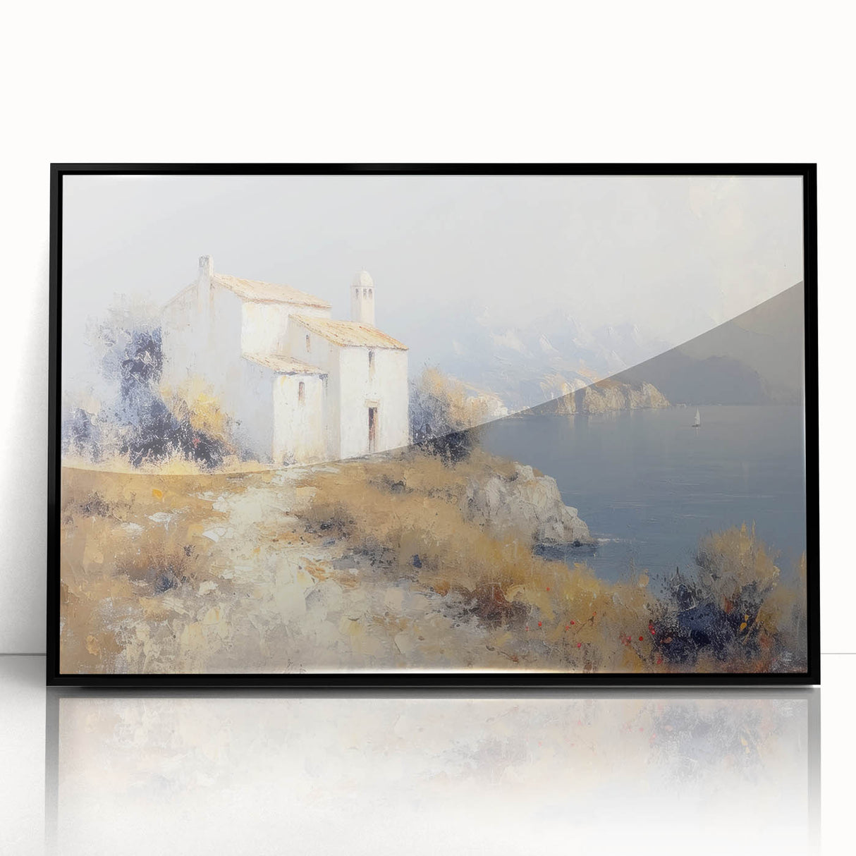 Framed acrylic landscape artwork depicting a serene countryside scene with vibrant greens and blues, showcased in a sleek black frame for elegant home decor.
