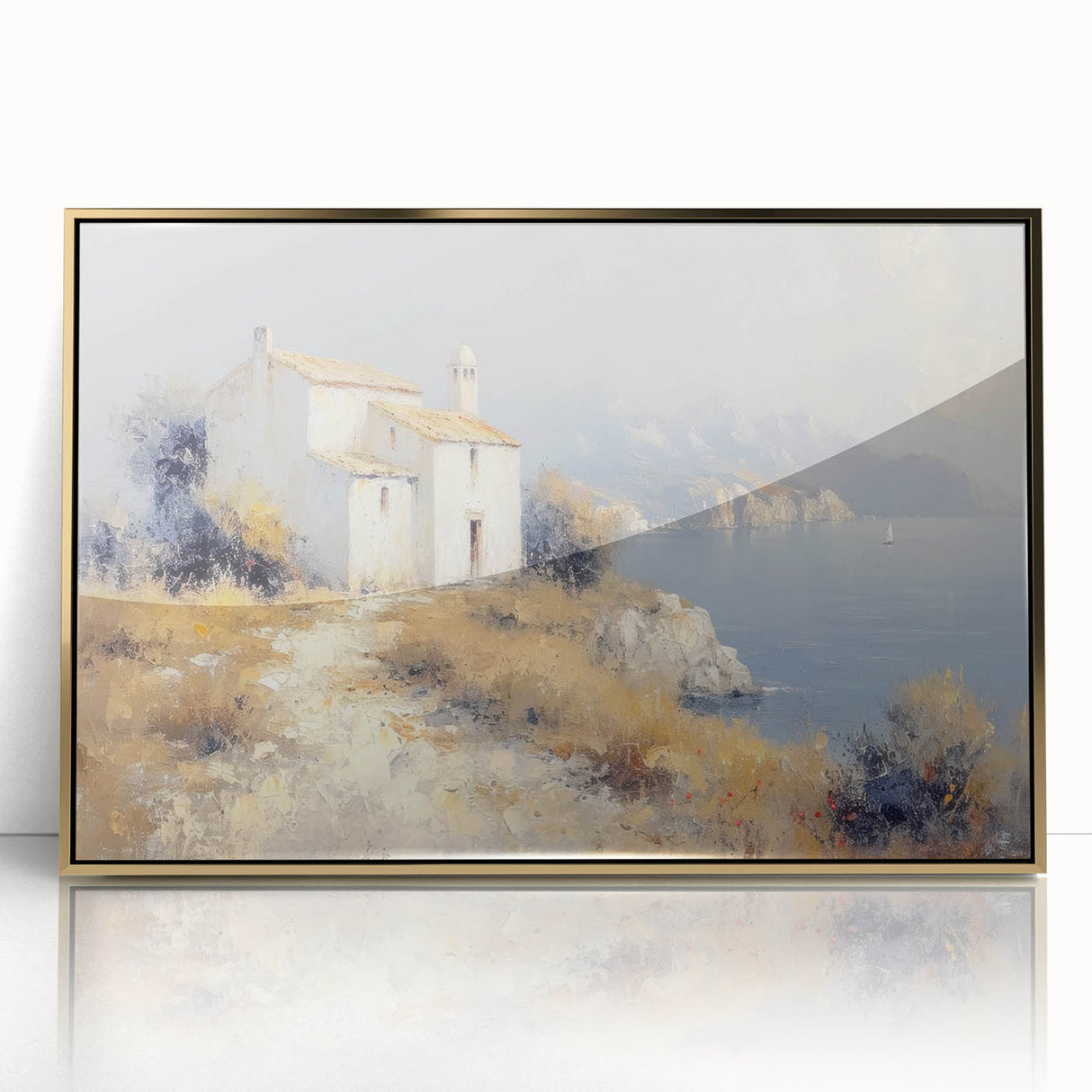 Framed acrylic artwork showcasing a serene countryside landscape with vibrant colors and intricate details, elegantly displayed in a gold frame, perfect for home decor.