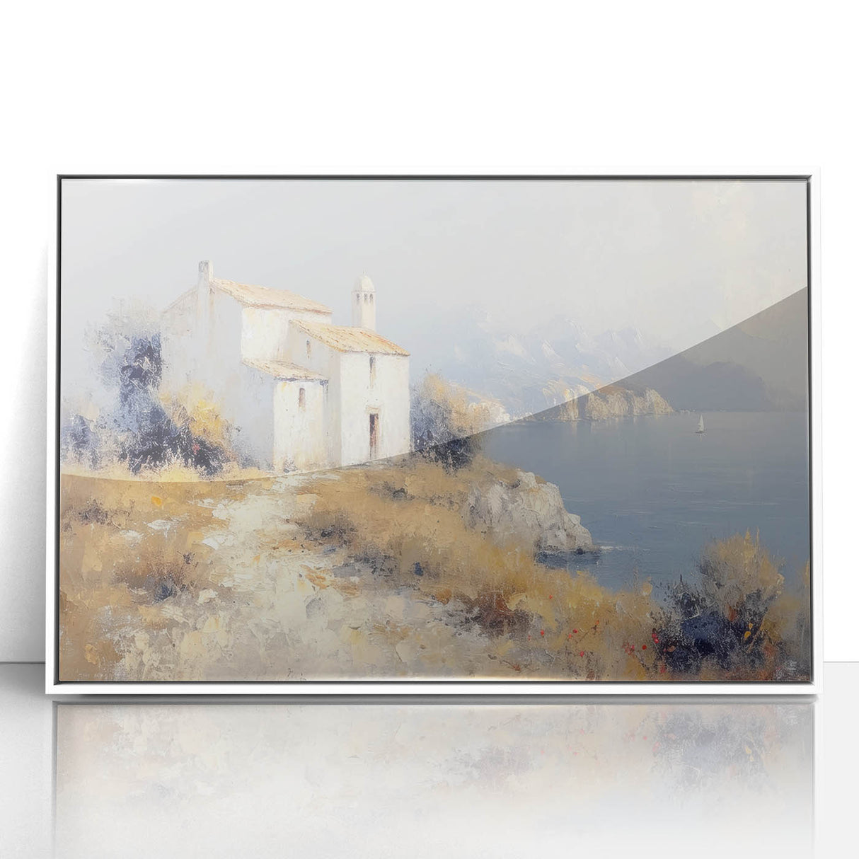 Framed acrylic artwork depicting a serene countryside landscape with vibrant greens and blues, set in a sleek white frame, perfect for home decor.