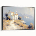 Framed canvas artwork showcasing a picturesque countryside landscape, featuring vibrant greens and serene skies, with a sleek black frame enhancing its elegance.