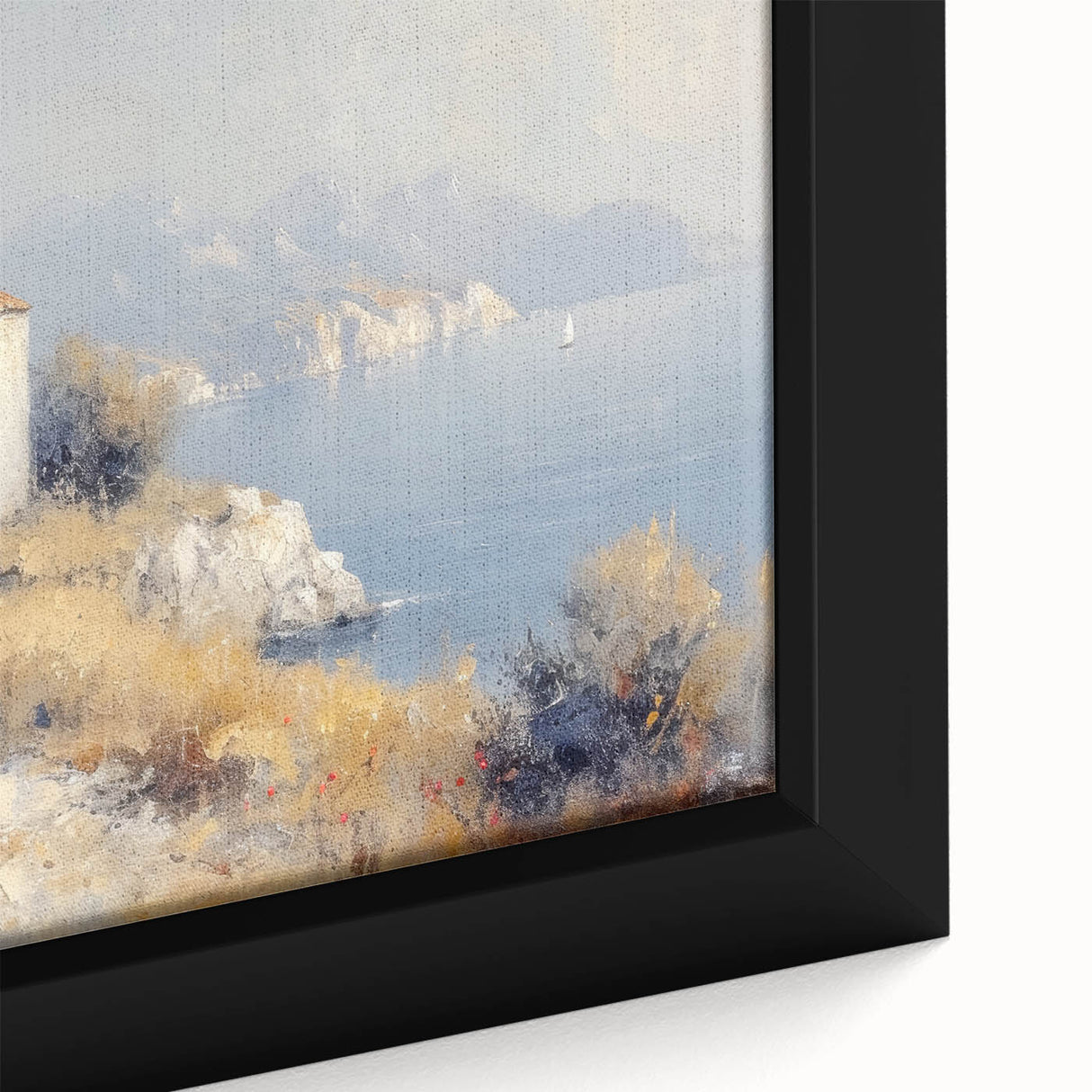 Framed canvas artwork depicting a serene countryside landscape, showcasing lush green fields, rolling hills, and a vibrant sunset, ideal for home decor.