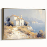 Framed canvas artwork depicting a serene countryside landscape with vibrant green fields and a golden frame, perfect for enhancing home decor.