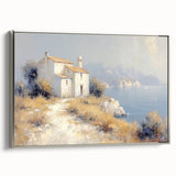 Framed canvas showcasing a tranquil countryside landscape with vibrant green fields and a serene sky, highlighted by a sleek silver frame, perfect for home decor.