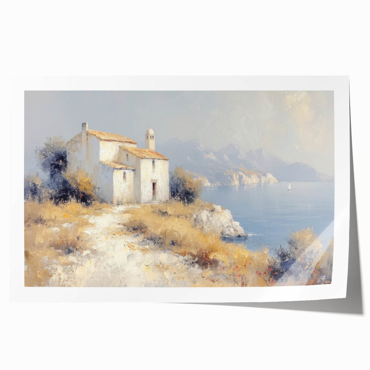 Rolled print showcasing a serene countryside landscape with rolling hills and vibrant greenery, elegantly packaged in a protective cardboard tube for shipping. Ideal for home decor enthusiasts seeking nature-inspired art.