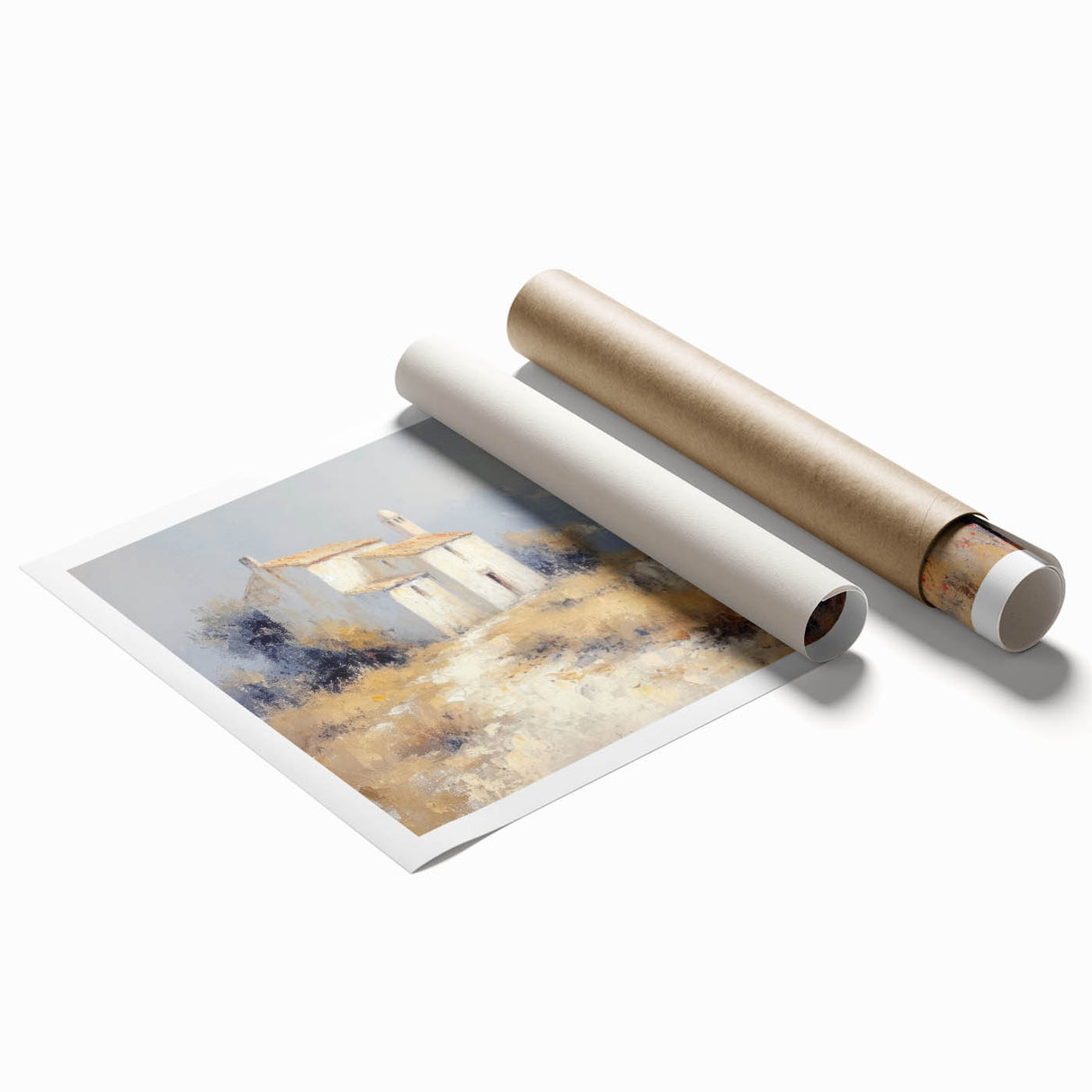 Rolled print showcasing a vibrant countryside landscape with rolling hills and a blue sky, expertly crafted for stunning wall decor in any home or office setting.