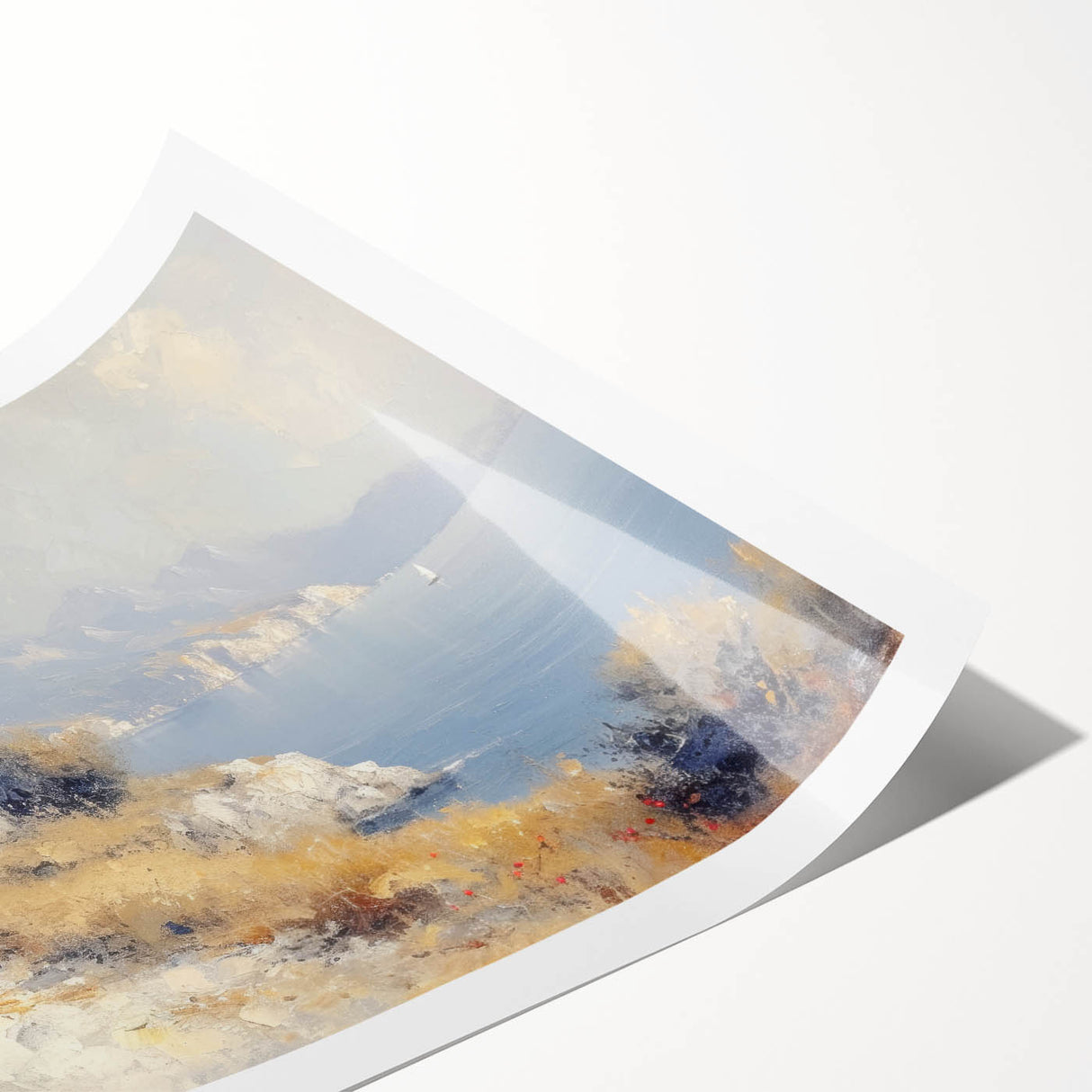 Rolled print showcasing a serene countryside landscape with rolling hills and vibrant green fields, packaged securely in a protective cardboard tube.