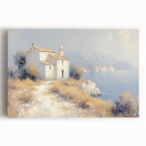 Stretched canvas artwork depicting a serene countryside landscape with rolling hills and vivid greenery, perfect for home decor and nature enthusiasts.