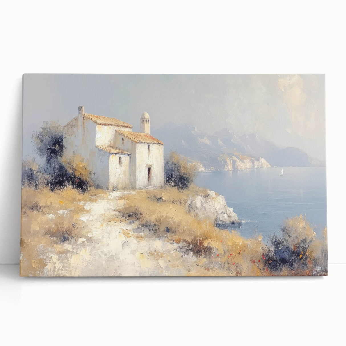 Stretched canvas art depicting a serene countryside landscape with rolling hills, vibrant green fields, and a clear blue sky, ideal for home decor.