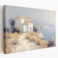 Stretched canvas artwork showcasing a serene countryside landscape with vibrant green fields, rolling hills, and a clear blue sky, perfect for home decor.