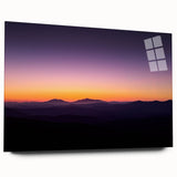 Desert landscape acrylic glass artwork showcasing vibrant hues of orange, yellow, and blue, designed for modern home decor, viewed from the side without pins.