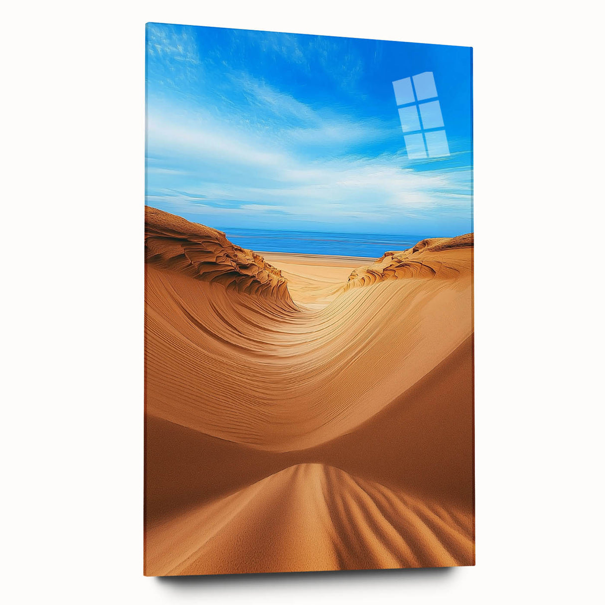 Acrylic glass artwork depicting vibrant desert dunes in a stunning side view, showcasing intricate textures and warm color gradients, ideal for modern decor.