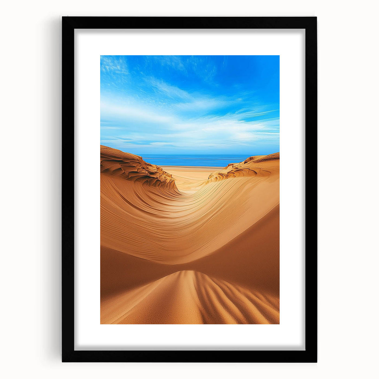 Framed landscape artwork showcasing serene sand dunes in a black matte frame, ideal for modern home decor. Captivating natural tones enhance any space's aesthetic.