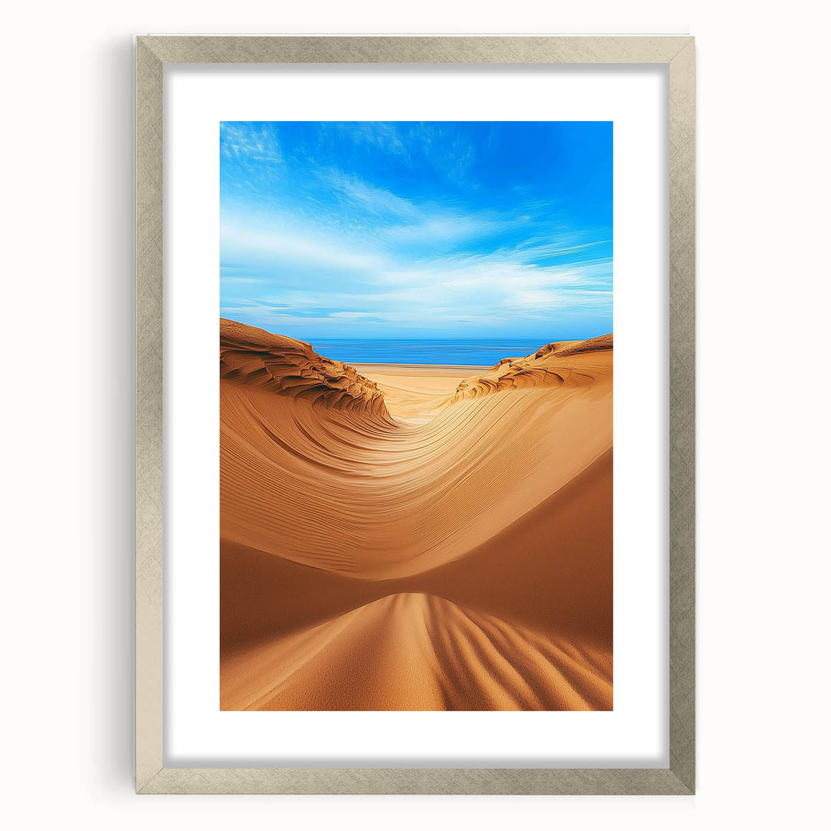 Framed landscape artwork showcasing serene sand dunes in soft earth tones, elegantly bordered with a silver mat, perfect for enhancing modern home decor.