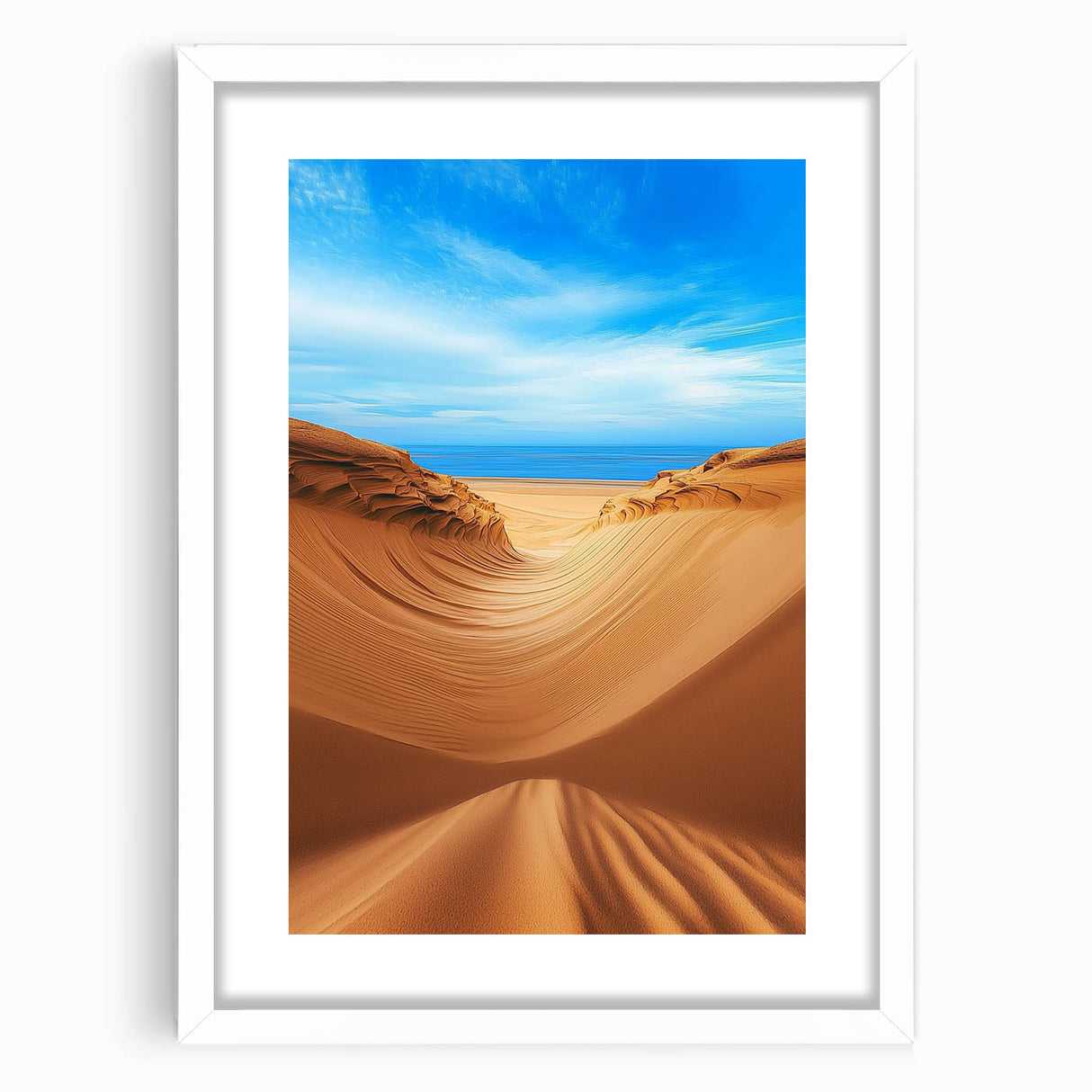 Framed landscape artwork showcasing serene sand dunes in soft beige and golden hues, set against a white mat, perfect for home decor or office ambiance.