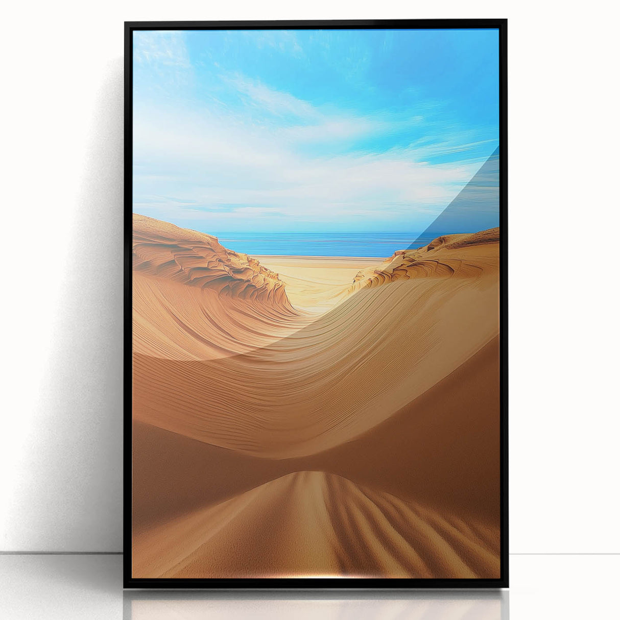 Framed acrylic artwork showcasing serene desert dunes in soft beige and orange hues, set against a sleek black frame, ideal for modern decor.