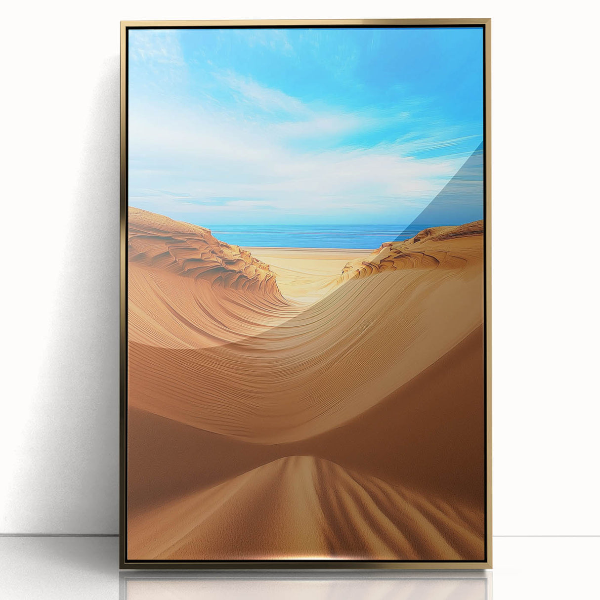 Framed acrylic artwork showcasing a stunning desert dune landscape with soft golden hues, perfect for enhancing modern home decor and evoking tranquility.