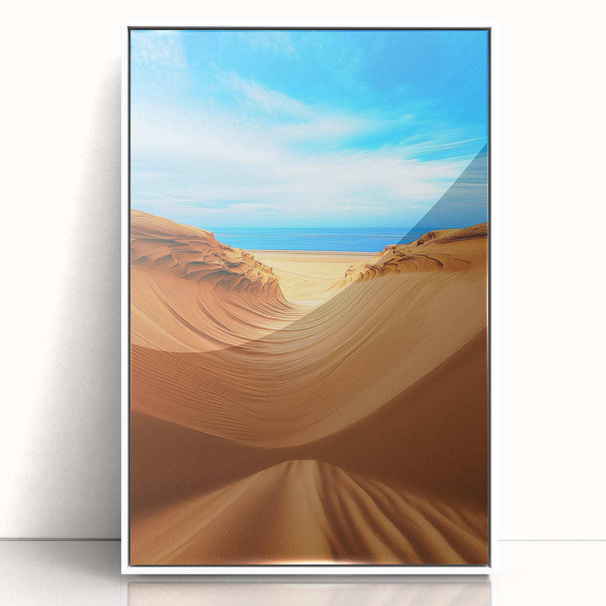 Framed acrylic art print showcasing a serene landscape of sand dunes in soft beige and golden hues, set against a white background to enhance its elegance.