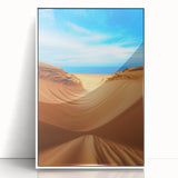 Framed acrylic art print showcasing a serene landscape of sand dunes in soft beige and golden hues, set against a white background to enhance its elegance.