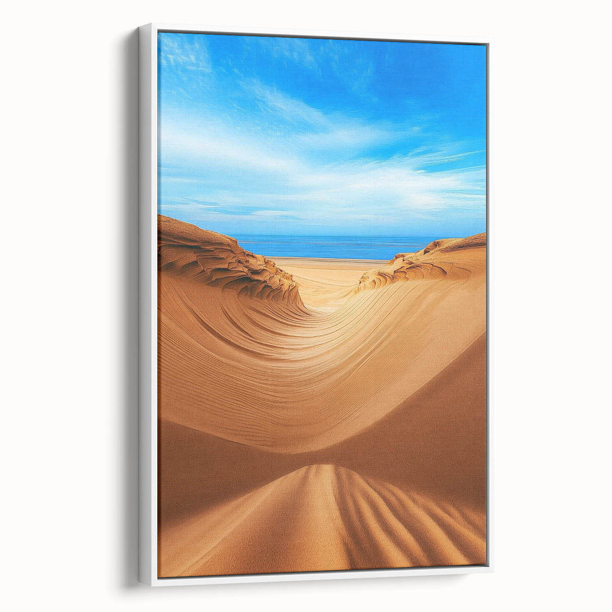 Framed canvas art depicting serene sand dunes in soft beige and golden tones, showcasing a minimalist landscape design, ideal for modern home decor.