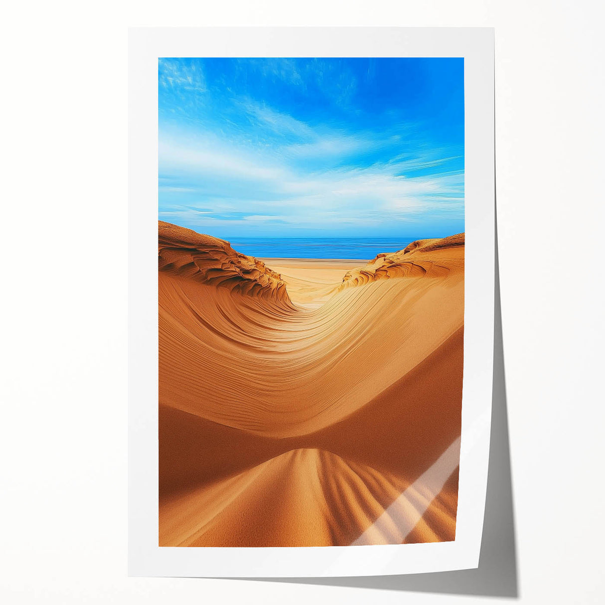Stunning rolled print showcasing a serene desert landscape with golden dunes under a clear blue sky, ideal for enhancing any wall decor. Perfect for art enthusiasts.