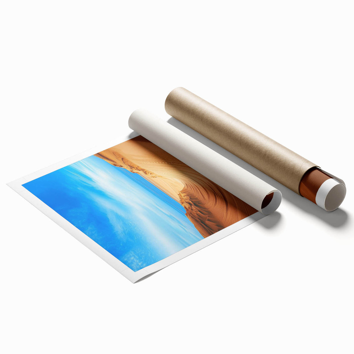 Desert landscape rolled print showcasing vibrant golden dunes under a clear blue sky, elegantly packaged in a protective cardboard tube for art enthusiasts.