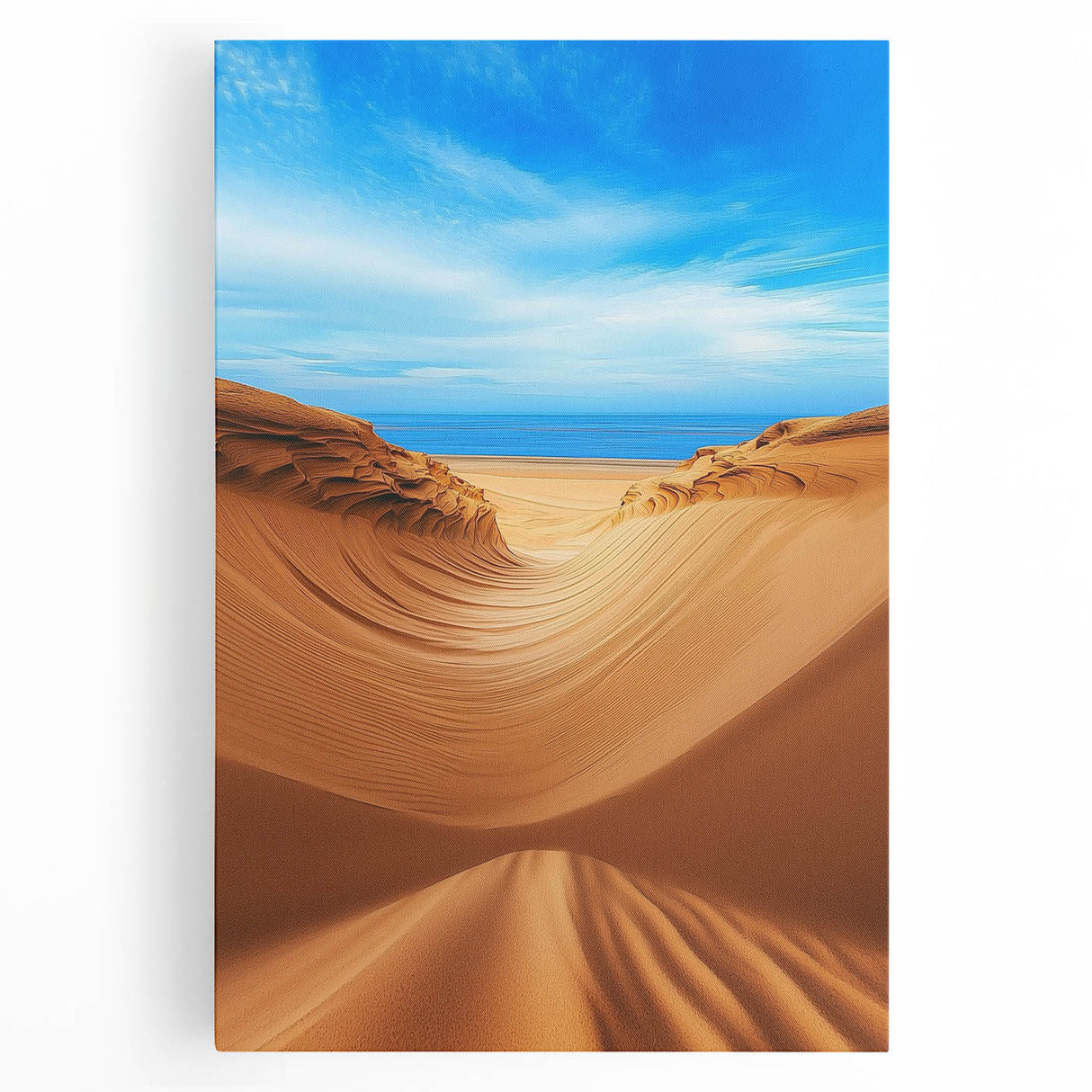 Stretched canvas artwork depicting serene desert dunes at sunset, showcasing warm golden and soft orange hues that evoke tranquility and natural beauty.