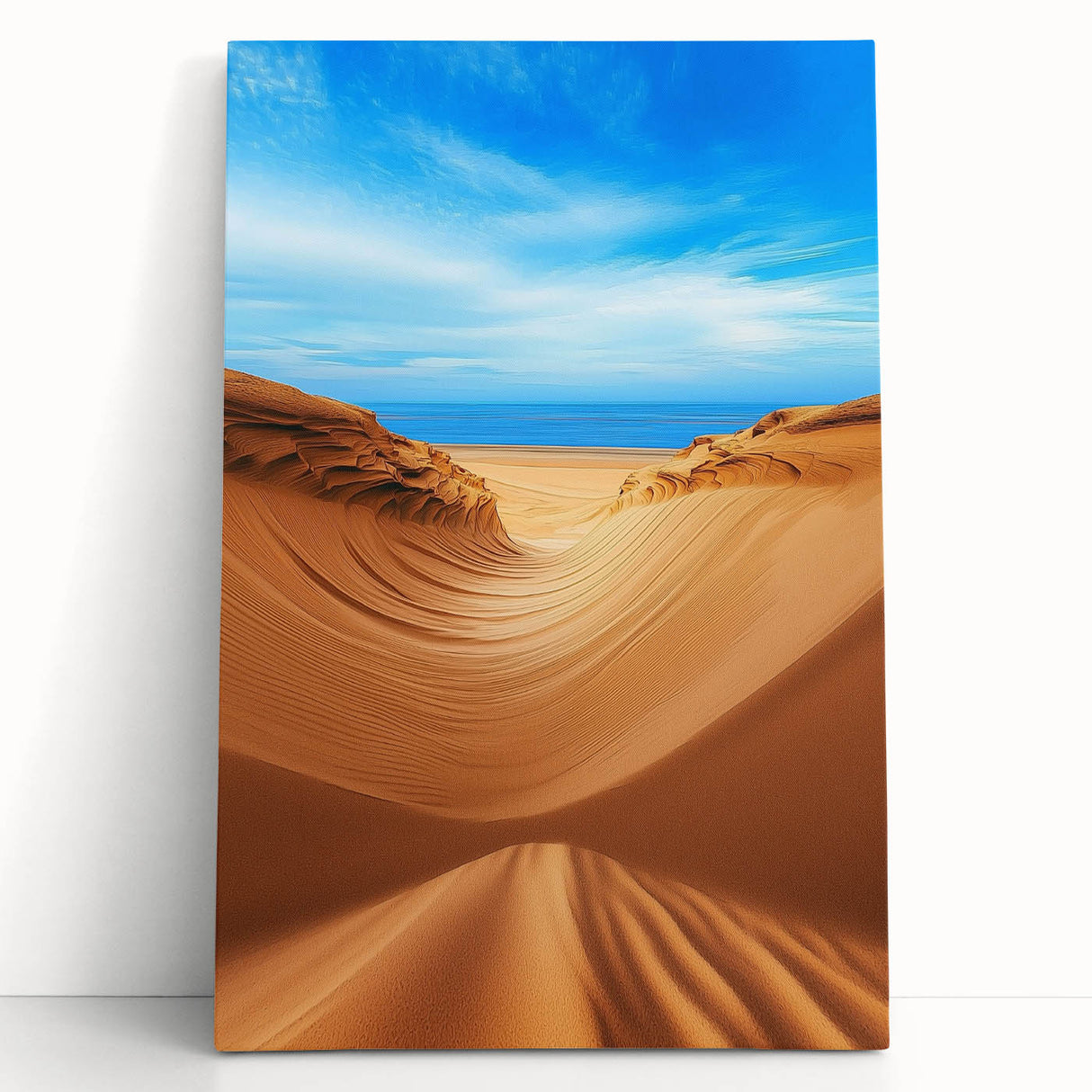 Stretched canvas artwork depicting serene sand dunes under a vibrant sunset, showcasing warm golden and orange hues, ideal for modern home decor.
