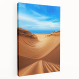 Stretched canvas artwork depicting serene desert dunes with soft, warm colors, perfect for home decor. Ideal for creating a calming atmosphere in living spaces.