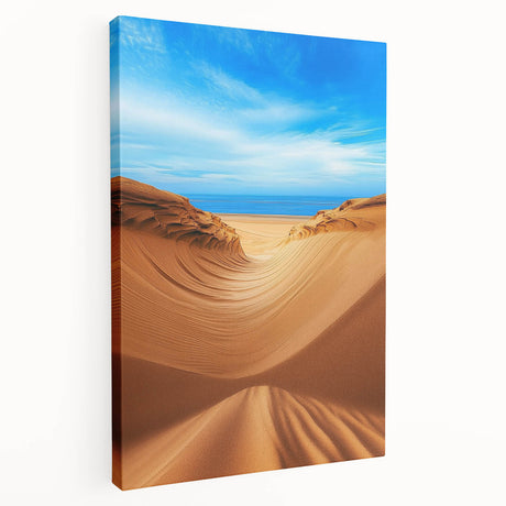 Stretched canvas artwork depicting serene desert dunes with soft, warm colors, perfect for home decor. Ideal for creating a calming atmosphere in living spaces.