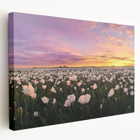 Stretched canvas artwork depicting a serene landscape of rolling fields under a clear blue sky, showcasing vibrant green hues and natural textures, ideal for home decor.