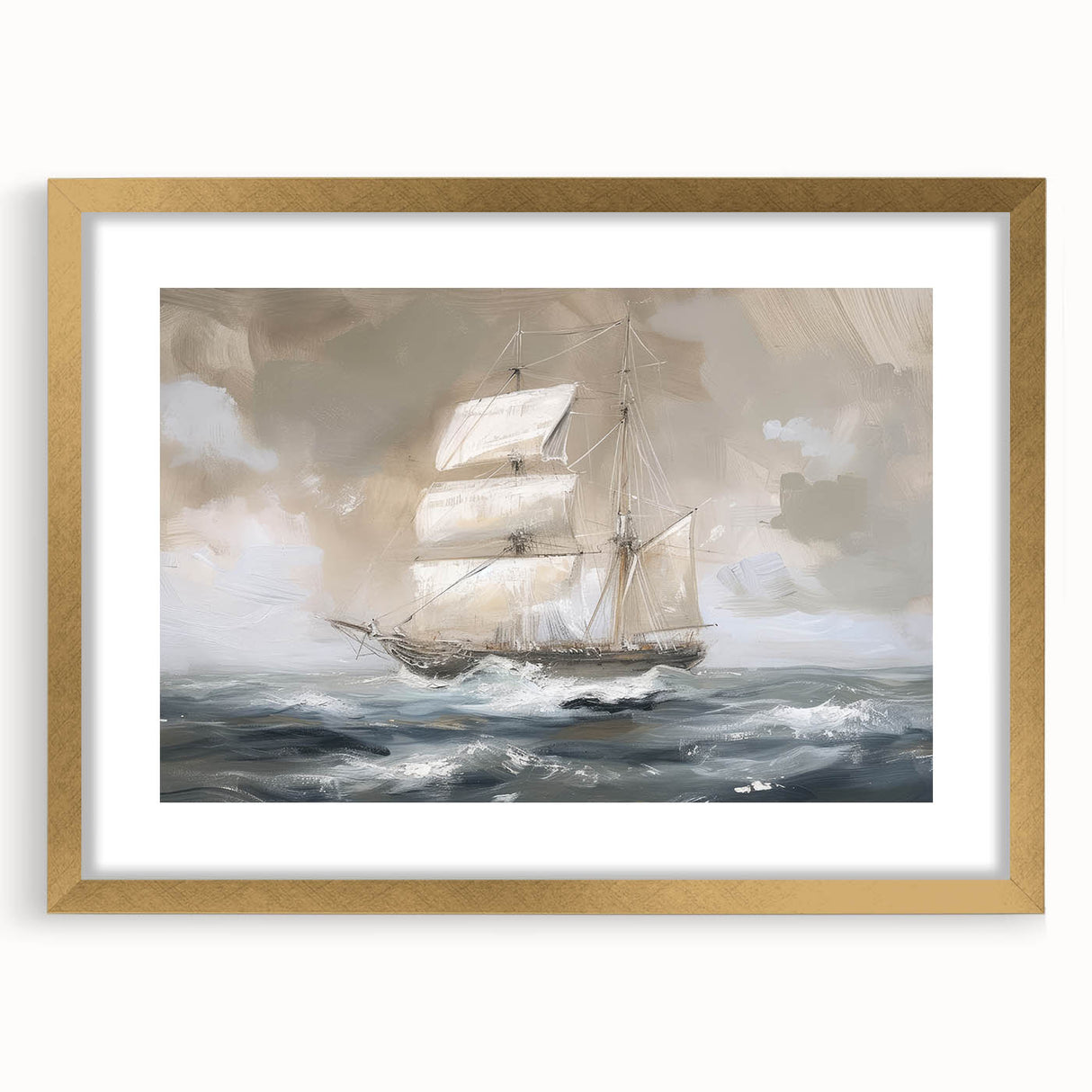 Gold-framed landscape artwork with a white mat, showcasing a serene nature scene, perfect for home decor or gallery display, enhancing elegant interiors.