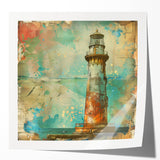 Lighthouse wall art print featuring a serene coastal scene with vibrant colors and glossy finish, ideal for enhancing home decor with nautical themes.