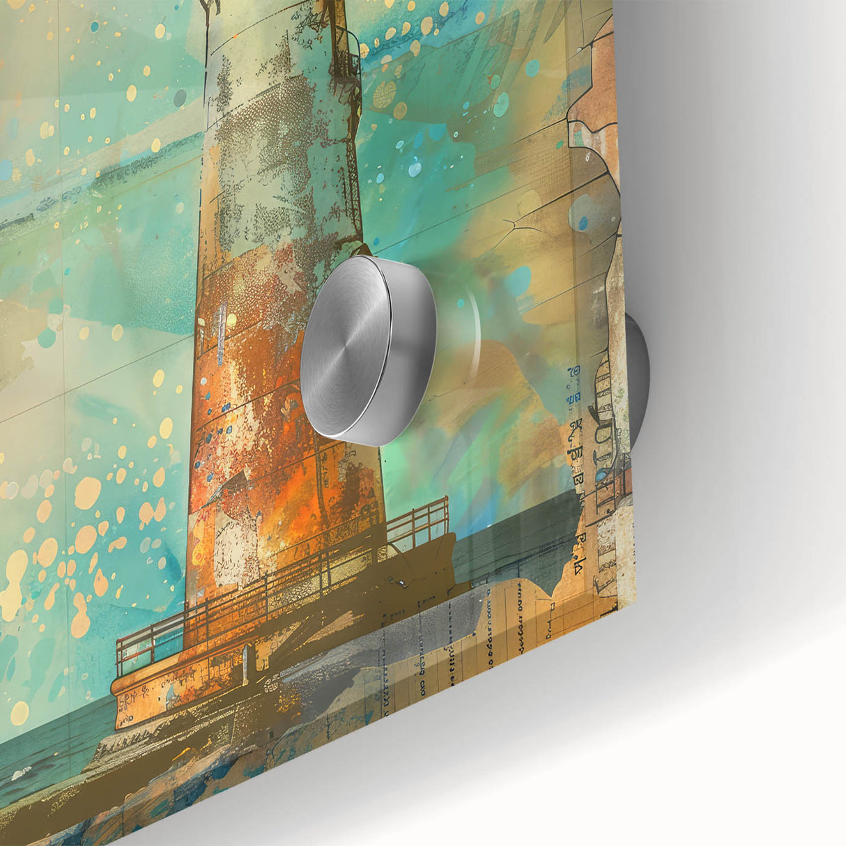 Close-up of a vibrant acrylic glass wall art piece depicting a lighthouse surrounded by serene landscapes, showcasing vivid colors and intricate details, perfect for coastal decor.