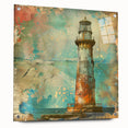 Lighthouse wall art print displayed in a side view with acrylic glass, featuring vibrant colors and intricate details, ideal for coastal decor enthusiasts.