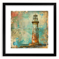 Black-framed wall art showcasing a serene lighthouse landscape design, complete with a white mat, perfect for coastal-themed decor in living spaces or offices.