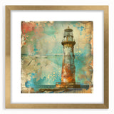 Elegant gold-framed wall art depicting a scenic lighthouse landscape, beautifully matted for enhanced visual appeal, perfect for coastal-themed decor.