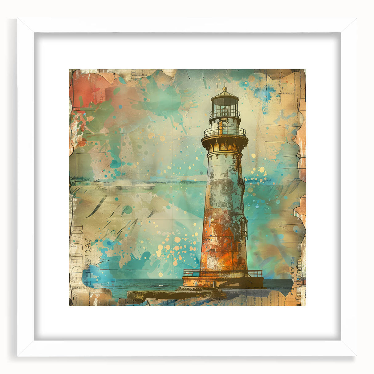 Front view of a framed lighthouse wall art piece with a white mat, showcasing vibrant coastal colors and intricate details, perfect for home decor enthusiasts.