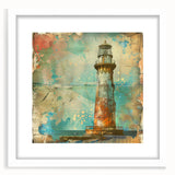 Front view of a framed lighthouse wall art piece with a white mat, showcasing vibrant coastal colors and intricate details, perfect for home decor enthusiasts.