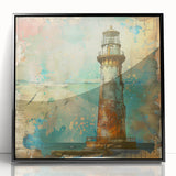Framed acrylic wall art depicting a serene lighthouse landscape, showcasing vibrant colors and intricate details, perfect for enhancing coastal-themed interiors.