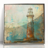 Framed acrylic wall art featuring a serene lighthouse landscape, showcasing vibrant colors and intricate details, perfect for coastal-themed decor.