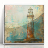 Framed acrylic wall art showcasing a serene lighthouse landscape with soft blue skies and lush greenery, designed to enhance coastal-themed home decor. Perfect for adding a tranquil aesthetic to any living space.