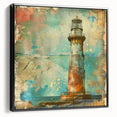 Framed canvas artwork of a serene lighthouse landscape, showcasing soft blues and vibrant whites, ideal for coastal-themed decor, viewed from the side.