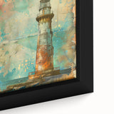 Framed canvas artwork depicting a serene lighthouse landscape, featuring vibrant blues and greens with intricate details, perfect for coastal decor enthusiasts.