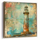 Framed canvas wall art showcasing a serene lighthouse landscape in silver and gold tones, perfect for coastal-themed decor. Ideal for enhancing home interiors with a calming maritime vibe.