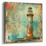 Framed canvas wall art depicting a serene lighthouse landscape with silver accents, showcasing vibrant colors and intricate details, perfect for coastal-themed decor.