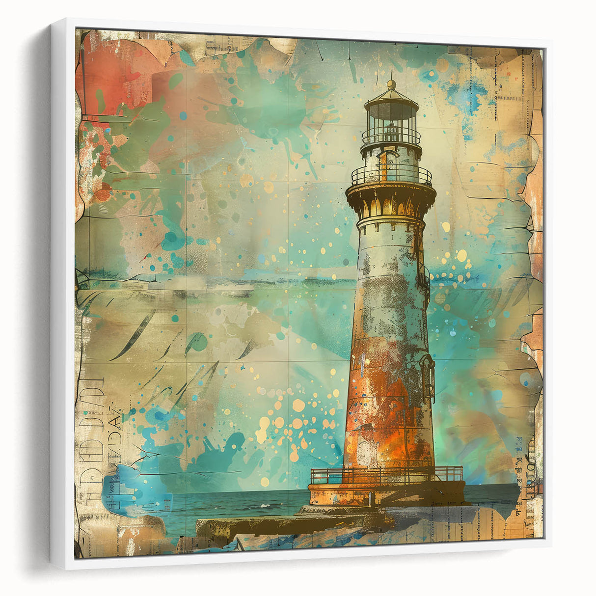 Framed canvas wall art depicting a serene lighthouse landscape, showcasing vibrant colors and intricate details against a white background, ideal for coastal-themed decor.