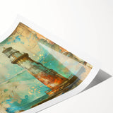 Lighthouse wall art print showcasing a tranquil coastal scene with vibrant colors, perfect for beach-themed decor. Rolled and ready for framing.