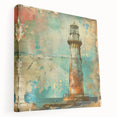 Stretched canvas wall art depicting a serene lighthouse landscape at sunset, showcasing vibrant colors and intricate details, perfect for coastal home décor.