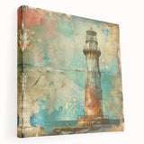 Stretched canvas wall art depicting a serene lighthouse landscape at sunset, showcasing vibrant colors and intricate details, perfect for coastal home décor.